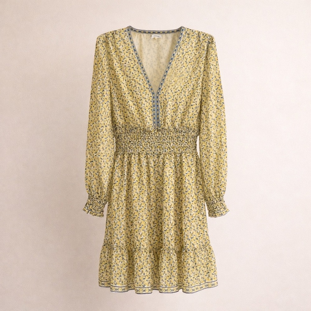 Max Studio Yellow Lemon Smocked Waist Boho Mini Dress Size M Like New